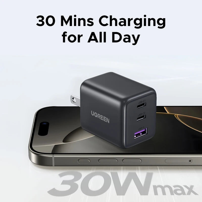 UGREEN GaN Charger – 30W PD Fast Charging, Dual USB-C
